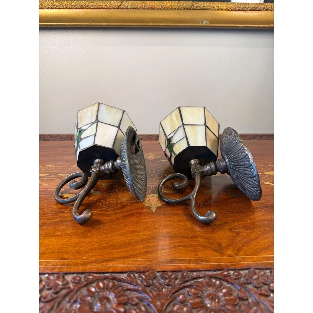 Vintage Stained Glass Rose Wall Sconces Pair Votive Candle Holders Tiffany Style